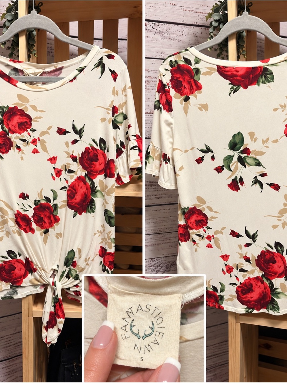 Fantastic Fawn Cream Floral Tie-Front Top with Red Rose Print